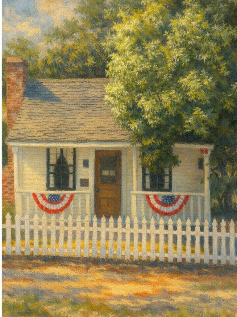 Painting of the historic McWilliams House with porch, picket fence, and trees